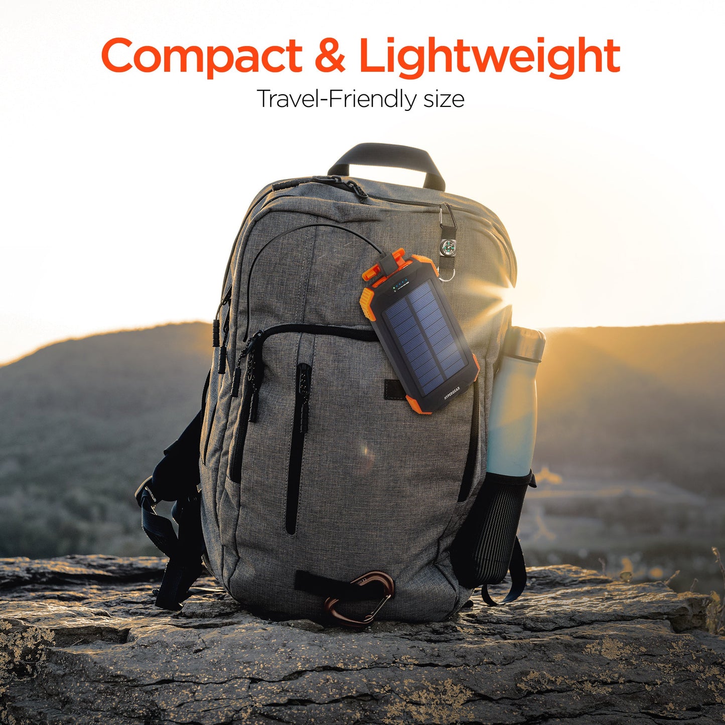 HyperGear Powerbank 10000mAh 2 Port USB-A USB-C Rugged Solar Qi Charging Dual LED Flashlight Carabiner Strap with Compass Rapid Charge 3 Devices - Black