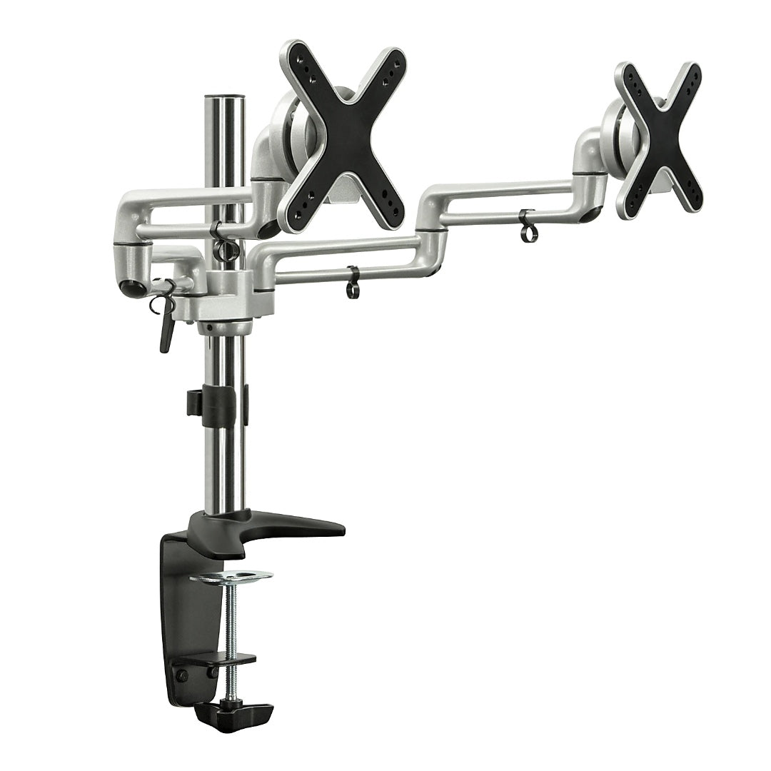 Mount-It! Dual Monitor Mount Desk Clamp Up to 27 In Full Motion Tilt Swivel Height Cable Management Heavy Duty Aluminum - Silver