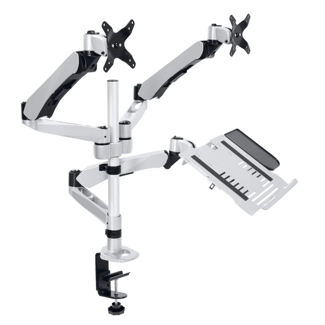 Mount-It! Dual Monitor Mount Desk Clamp with Vented Laptop Tray Up to 27 In Monitors Heavy Duty Aluminum Full Motion - Silver