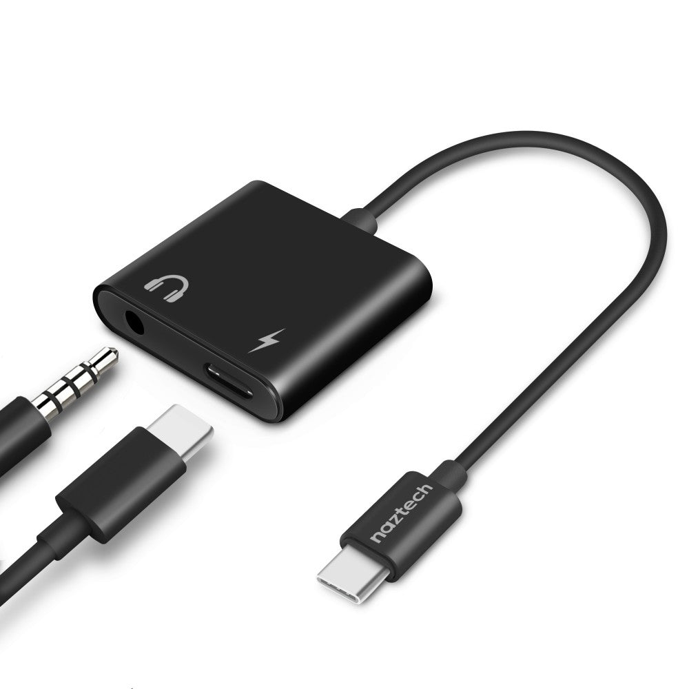Naztech USB-C Charging Adapter 3.5mm & USB-C In, to USB-C Out - Charge & Listen to Music at Same Time, with Volume Controls