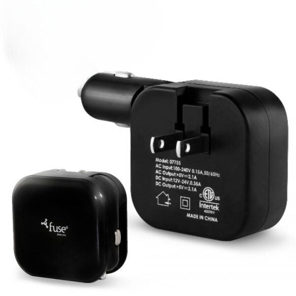 Fuse 2 in 1 Wall and Car Charger 2 Port USB-A 2.1 Amp Foldable Prongs & Cigarette Lighter Adapter