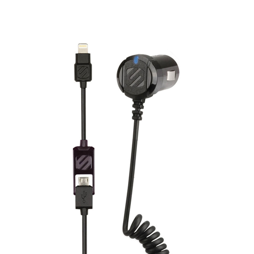 Scosche Car Charger Lightning/Micro MFI 2-in-1 Hard Wired Coil strikeDRIVE 3ft Black