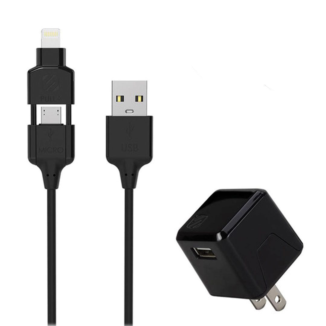 Scosche Wall Charger 1 Port USB-A 12W with Lightning/Micro USB MFI to USB-A 3ft Cable - Black
