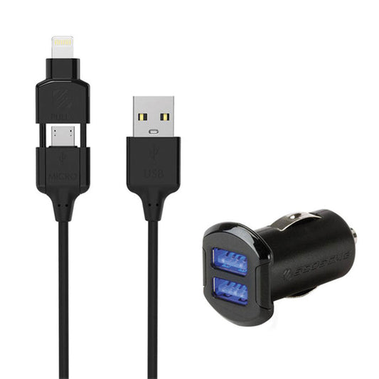 Scosche Scosche Charge & Sync Lightning/Micro-USB 2-in-1 MFI to USB-A Cable 3ft Black & Car Charger 2 Port 2.4A Black