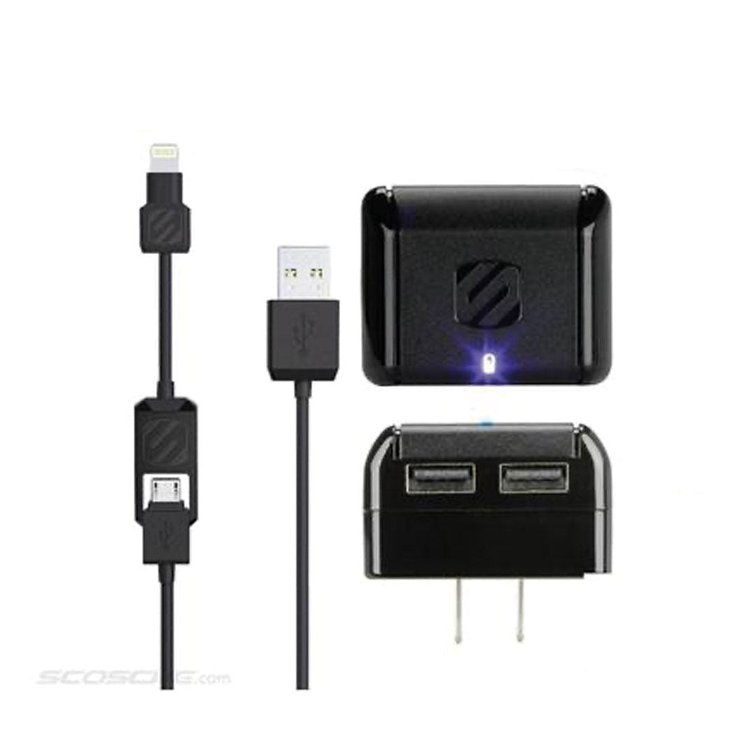 Scosche Wall Charger 2 Port USB-A 5W with Lightning/Micro USB MFI to USB-A 3ft Cable Black StrikeLINE