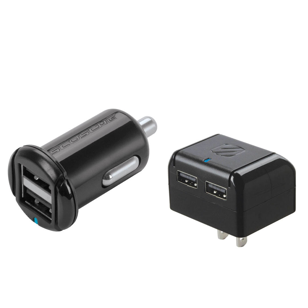Scosche Wall & Car Charger Combo Kit Revive 2.4 Amp Kit includes 1 Wall Charger & 1 Car Charger Black 2 Port USB-A Each