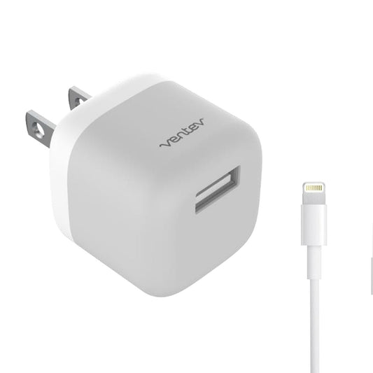 Ventev Wall Charger 1 Port 12W 2.4 Amp USB-A - White & Grey with Lightning MFI to USB-A Cable 3.3ft - White