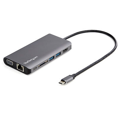 StarTech Docking Station Portable Travel USB-C 4K HDMI or 1080p VGA - 3x USB 3.0 Hub, SD, GbE, Audio, 100W PD Pass-Through PC/Mac/Android/Chrome - Grey