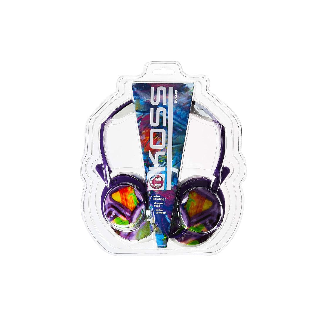 Koss Headphone Full Size Noise Isolating Deep Bass Extra Comfort Fold Flat Design Adjustable Padded Headband 3.5mm 4ft - Purple