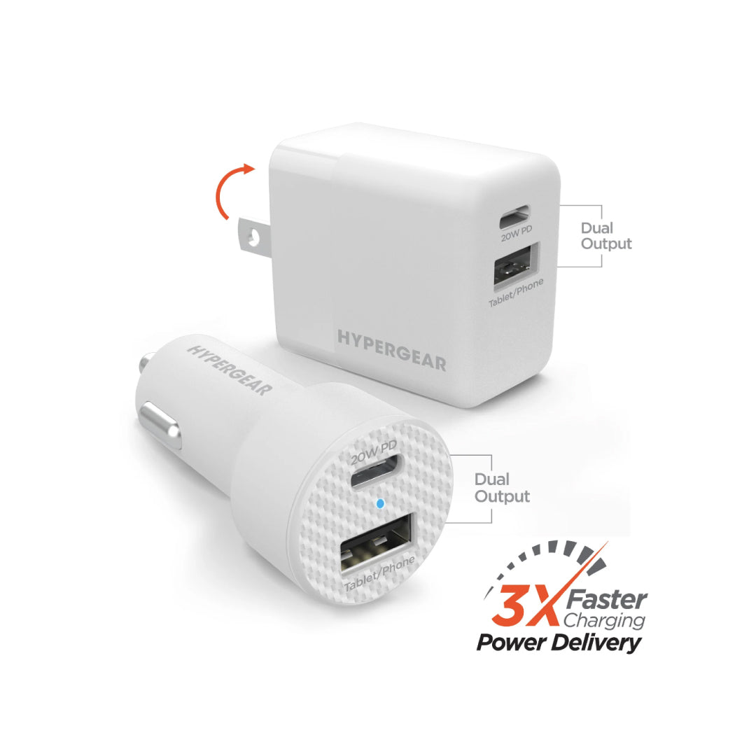 HyperGear Combo Bundle - Wall Charger 34W 2 Port (20W Power Delivery USB-C & 12W USB-A) & Car Charger 2 Port 20W (20W USB-C & 12W USB-A) - White