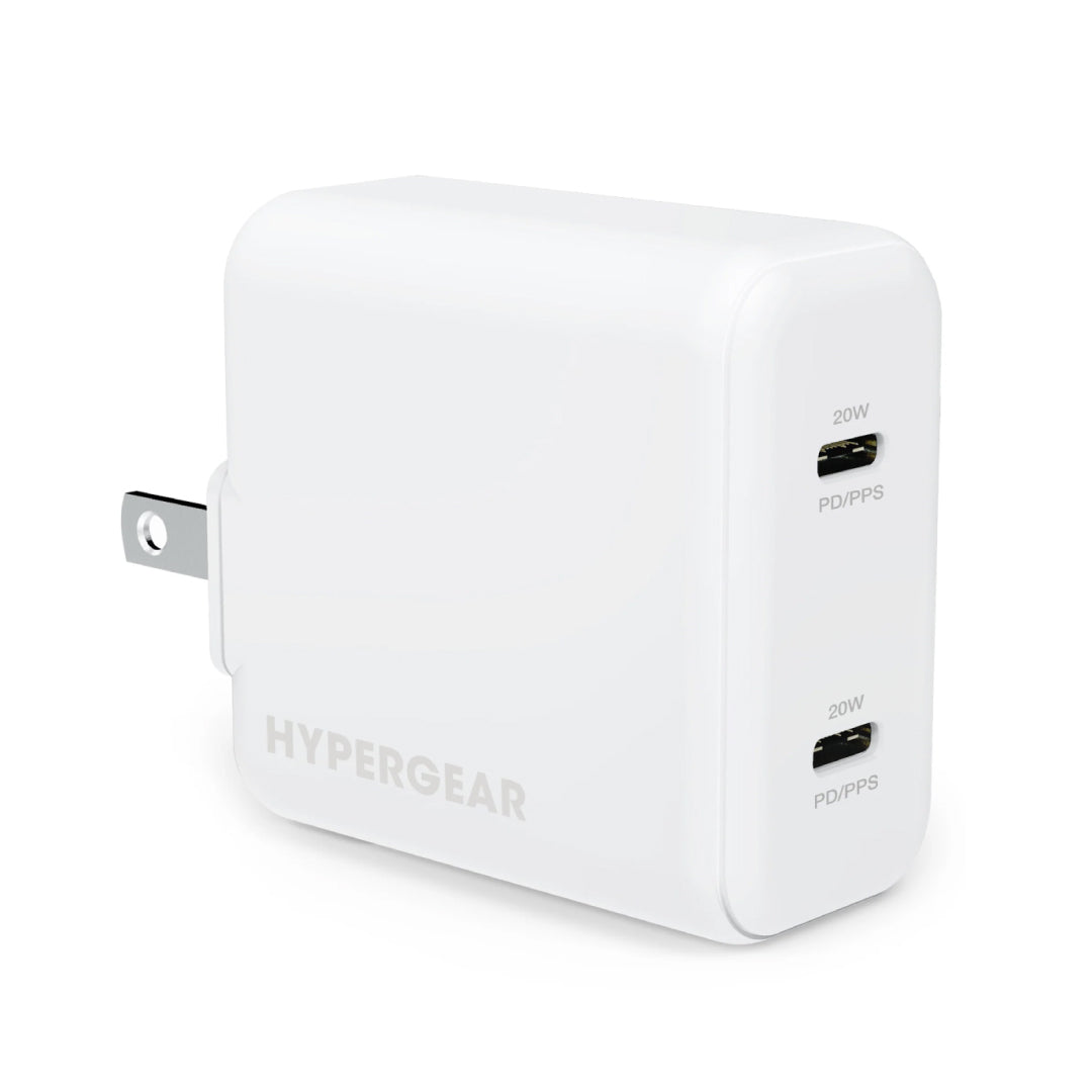 HyperGear Wall Charger 2 Port 40W - 2x USB-C 20W Ports PPS Fast Charging - Foldable Prongs - White