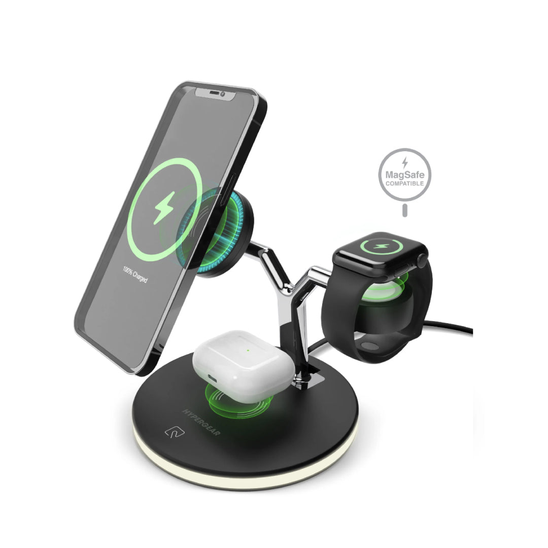 HyperGear Qi Charging Stand 3 in 1 Charge Phone AirPods & Watch (Watch Charging Cable not included) 15W Max Fast Charge MagSafe Compatible LED Base - Black