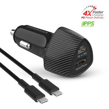 HyperGear HyperGear Car Charger 2 Port 25W USB-A (12W) USB-C (25W)PD PPS SpeedBoost with 4ft USB-C to USB-C Cable - Black