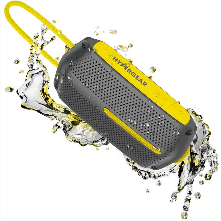 HyperGear Speaker Bluetooth 10W Waterproof IPX4 Hands Free Music + Calls, Hang Cord Great for Shower, on the Water Camping 4Hr Battery Life - Yellow