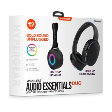 HyperGear Audio Essentials Duo - Black - 2 Pack Gift Set Bluetooth Headphone & Speaker 5W- HD Sound Vibrant LED Lights Speaker w Carry Strap Foldable & Portable Headphones