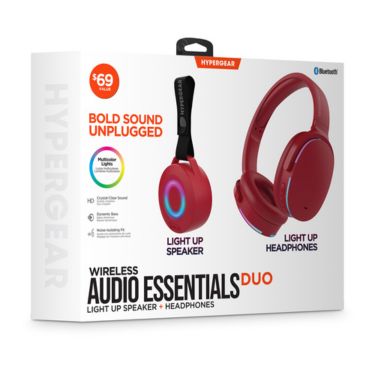 HyperGear Audio Essentials Duo - Red - 2 Pack Gift Set Bluetooth Headphone & Speaker 5W - HD Sound Vibrant LED Lights Speaker w Carry Strap Foldable & Portable Headphones