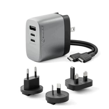 Alogic Wall Charger 3 Port 67W GaN PD 2x USB-C (47-67W + 15W)+ 1 USB-A (15W) with 3 International Plug Adapters & 6ft USB-C to USB-C 100W Cable & Travel Case - Grey