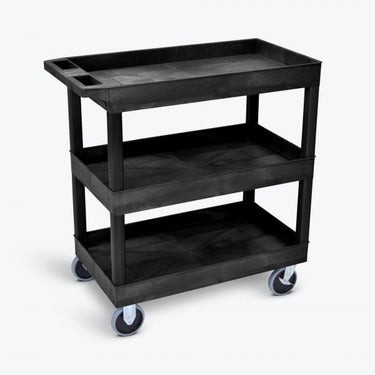 Luxor AV Cart 32in Molded Plastic 3 Shelves Heavy Duty HDPE (high-density polyethylene) up to 300lbs Casters with Locking Ergonomic Push Handle - Black