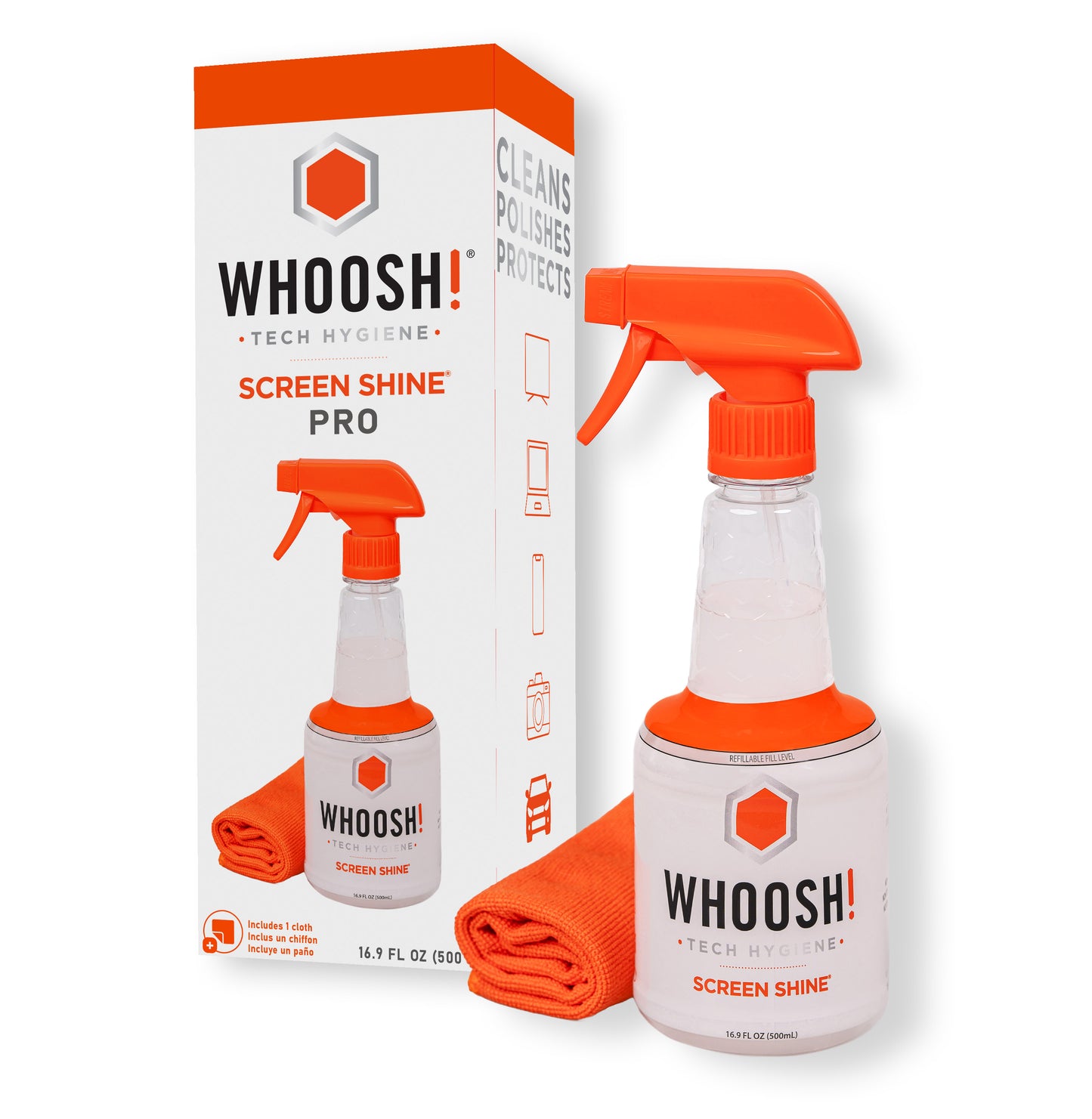 Whoosh! Screen Shine Pro 500mL Commercial Spray Bottle Refillable with Microfibre Cloth Non-Toxic Alcohol & Ammonia Free Formula
