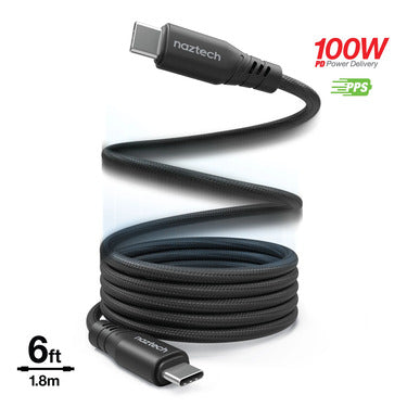 Naztech Naztech Charge & Sync PD 100W USB-C to USB-C REcoil Magnetic Industrial Strength Braided Nylon Cable 6ft Fast Charge