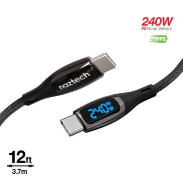 Naztech Naztech Charge & Sync USB-C to USB-C 240W DigiWatt Fast Charge Cable with LED Power Display 12ft PD Industrial