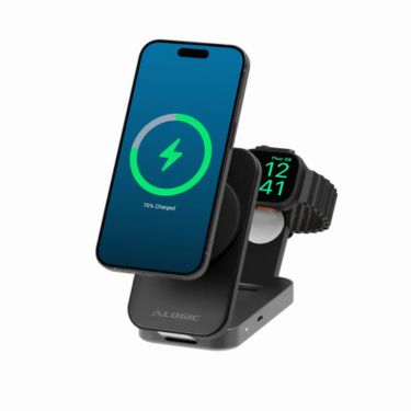 Alogic Alogic Qi2 Charging Stand 2-in-1 Flip 2 Phone (15W) & Watch (3W) Charger with 3ft USB-C to USB-C Cable - Black (SKU: