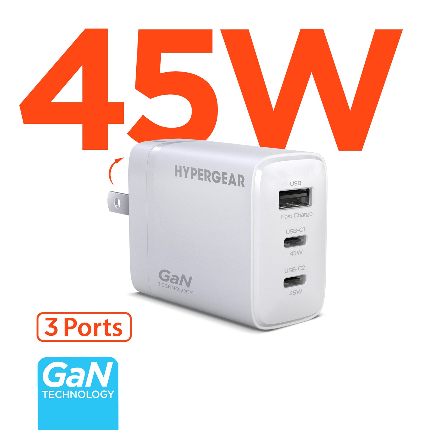 HyperGear Wall Charger 45W GaN 3 Port 2x USB-C PD (45W) 1x USB-A Fast Charge - White