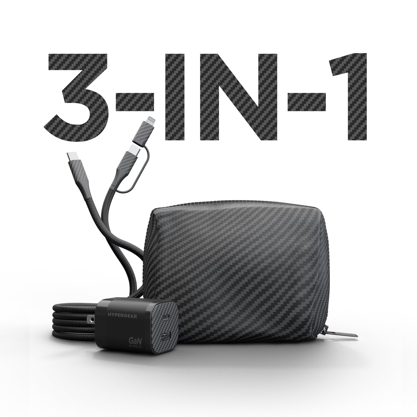 HyperGear Charging Kit 3-in-1 2 Port 30W 1x USB-C 1x USB-A Compact Wall Charger - 6ft USB-C/Lightning to USB-C - Carry Pouch Carbon Fibre Pattern - Black