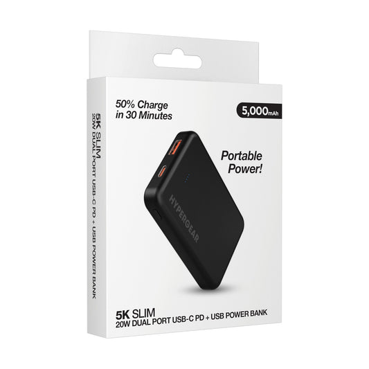 HyperGear HyperGear Basics Powerbank 5000mAh 2 Port USB-A (18W) USB-C (20W) PD Slim & Compact - Black (SKU: 54325)