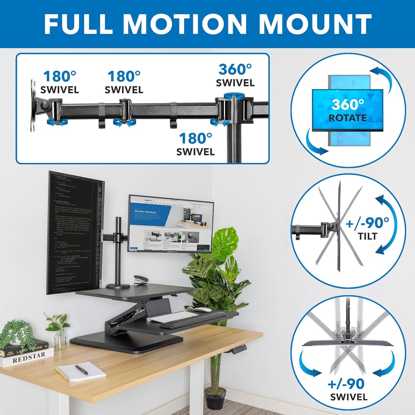 Mount-It! Sit Stand Desk with Dual Monitor Mount up to 27In Monitors Heavy Duty Steel with Keyboard Mouse Tray Desk Clamp Gas Spring Arm Adjusts up and down 11.5 In
