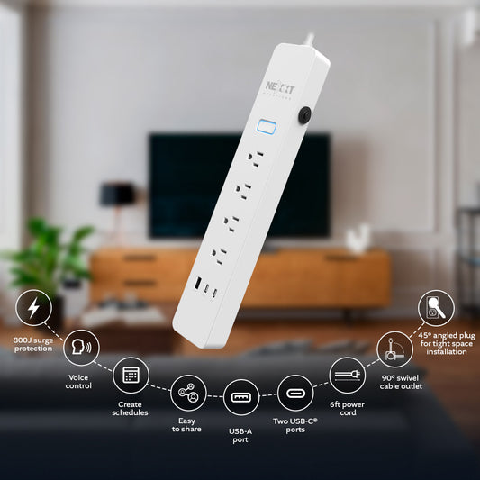 Nexxt Smart Home Surge Protector 800 Joules with 4 AC Outlets 2x USB-C 1x USB-A Ports Google/Alexa/Siri Voice Controls - White