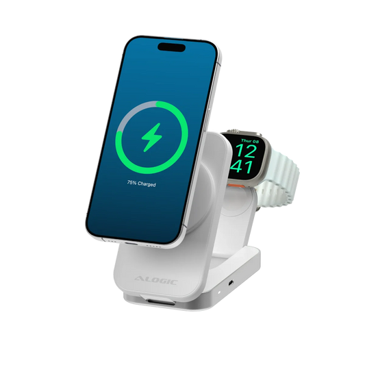 Alogic Alogic Qi2 Charging Stand 2-in-1 Flip 2 Phone (15W) & Watch (3W) Charger with 3ft USB-C to USB-C Cable - White