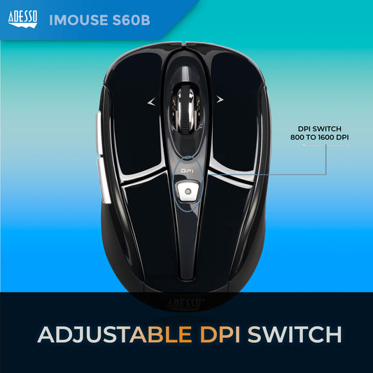 Adesso Mouse Wireless Nano S60B 6 Buttons 4 Way Tilting Programmable Buttons up to 1600dpi PC/Mac - Black - product image 2 of 5