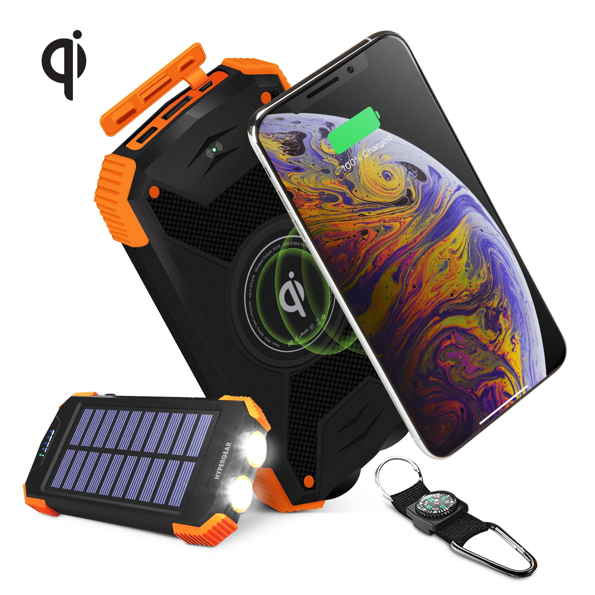 Cancella HyperGear Powerbank 10000mAh 2 Port USB-A USB-C Rugged Solar Qi Charging Dual LED Flashlight Carabiner Strap with Compass Rapid Charge 3 Devices - Blac - product image 1 of 5