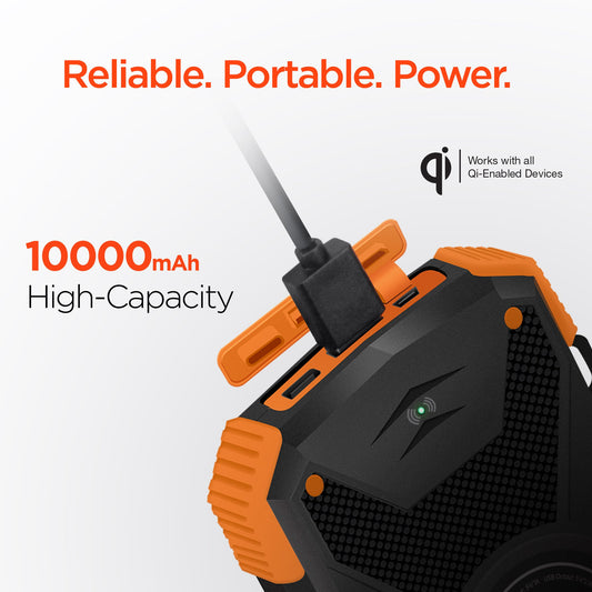 HyperGear Powerbank 10000mAh 2 Port USB-A USB-C Rugged Solar Qi Charging Dual LED Flashlight Carabiner Strap with Compass Rapid Charge 3 Devices - Black