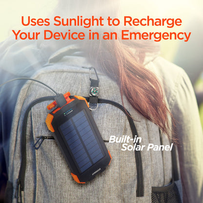 HyperGear Powerbank 10000mAh 2 Port USB-A USB-C Rugged Solar Qi Charging Dual LED Flashlight Carabiner Strap with Compass Rapid Charge 3 Devices - Black