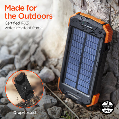 HyperGear Powerbank 10000mAh 2 Port USB-A USB-C Rugged Solar Qi Charging Dual LED Flashlight Carabiner Strap with Compass Rapid Charge 3 Devices - Black