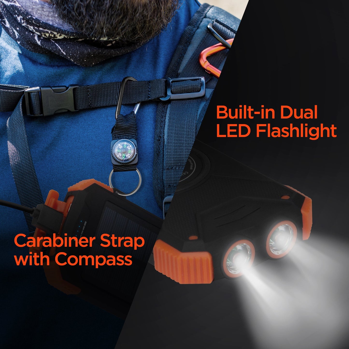 HyperGear Powerbank 10000mAh 2 Port USB-A USB-C Rugged Solar Qi Charging Dual LED Flashlight Carabiner Strap with Compass Rapid Charge 3 Devices - Black