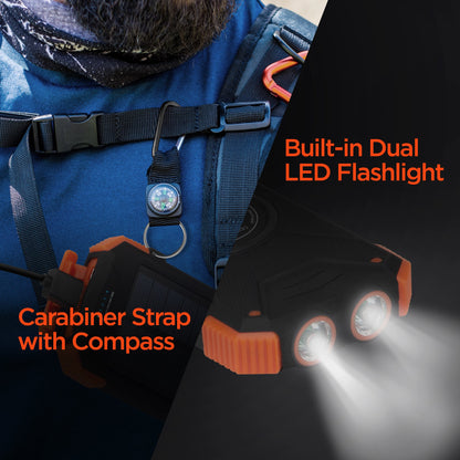 HyperGear Powerbank 10000mAh 2 Port USB-A USB-C Rugged Solar Qi Charging Dual LED Flashlight Carabiner Strap with Compass Rapid Charge 3 Devices - Black