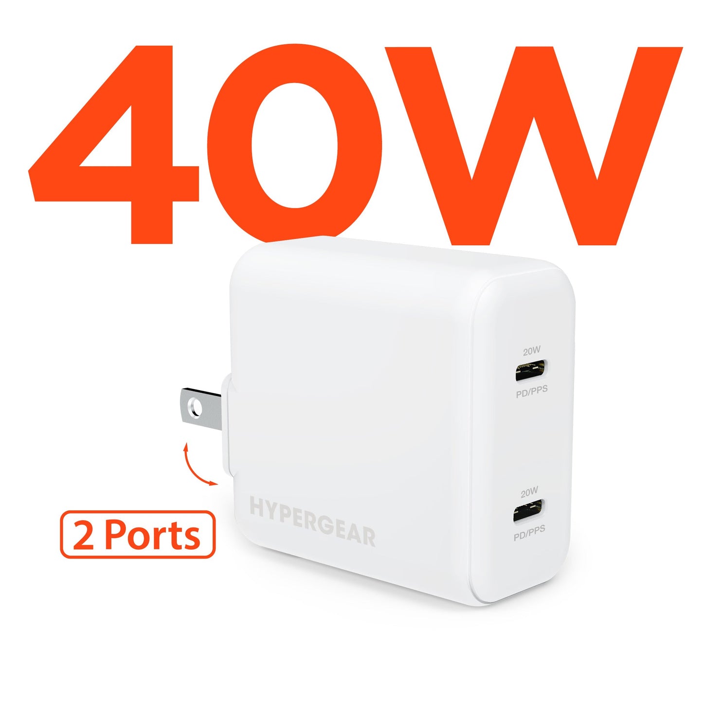 Hyper Hyper Wall Charger 2 Ports - 1x20W USB-C & 1x18W USB-A Foldable Prongs - White (UPC: 817110015547) – Image 2