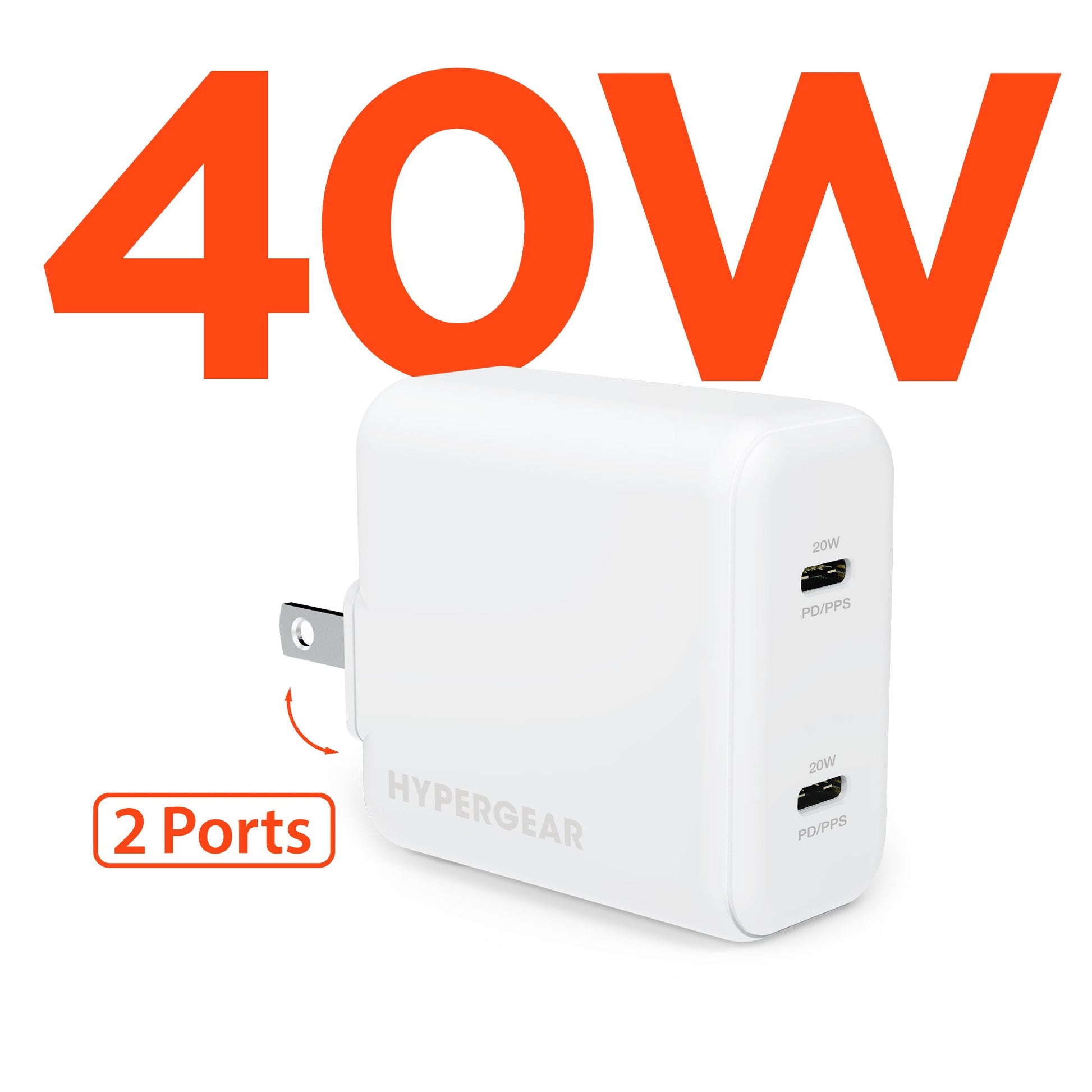 HyperGear HyperGear Wall Charger 2 Port 40W - 2x USB-C 20W Ports PPS Fast Charging - Foldable Prongs - White (UPC: