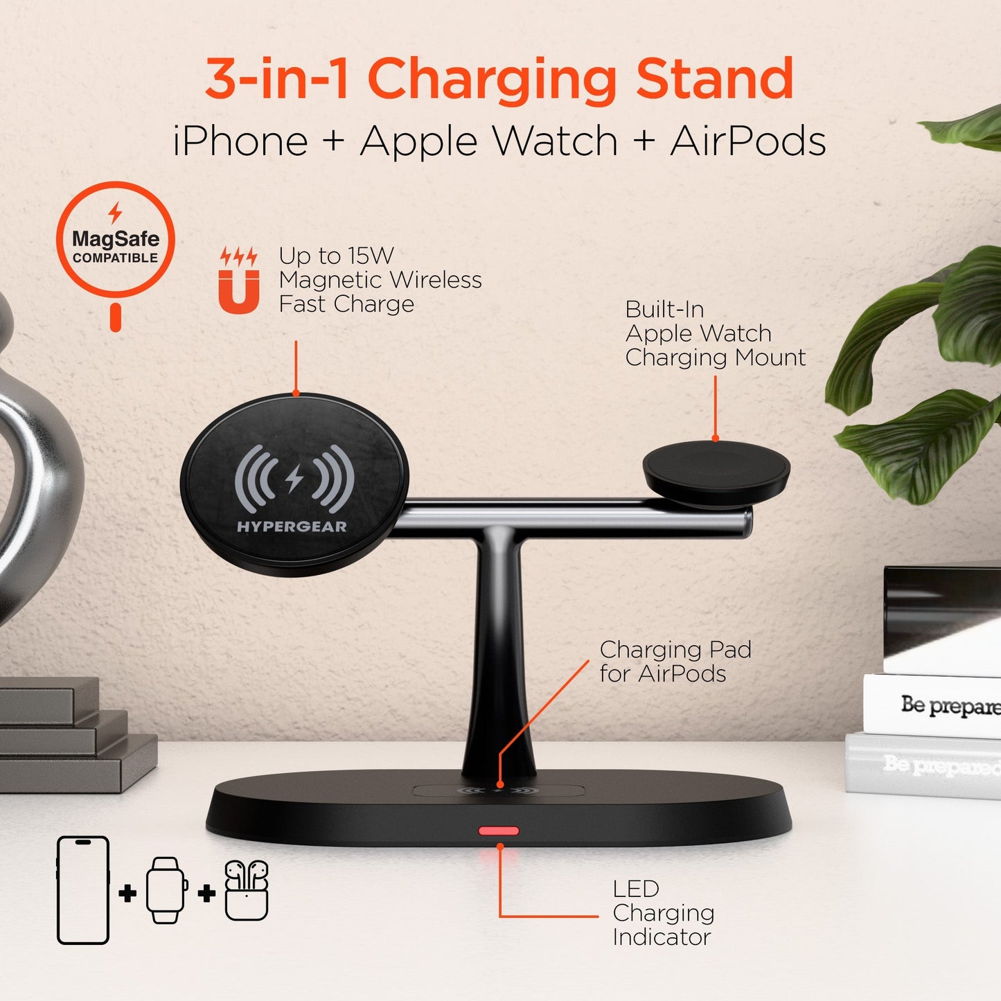 HyperGear HyperGear Qi Charging Stand 3 in 1 Charge Phone AirPods & Watch (Watch Charging Cable not included) 15W Max Fast Ch