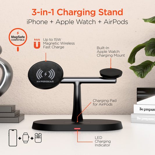 HyperGear HyperGear Qi Charging Stand 3 in 1 Charge Phone AirPods & Watch (Watch Charging Cable not included) 15W Max Fast Ch