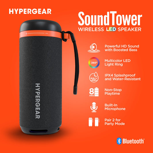 HyperGear Speaker Bluetooth SoundTower 10W Multicolor LED Light Ring IPX4 Waterproof Rapid Recharge HD Sound & Bass 8Hrs Battery Life - Bluetooth / USB Drive / FM Radio inputs - Black