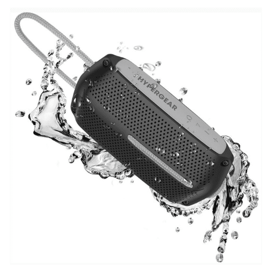 HyperGear Speaker Bluetooth 10W Waterproof IPX4 Hands Free Music + Calls, Hang Cord Great for Shower, on the Water Camping 4Hr Battery Life - Black Grey