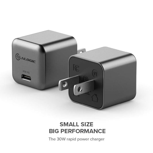 Alogic Wall Charger 1 Port 30W GaN PD USB-C Mini Compact Size Rapid Power - Grey - product image 2 of 5