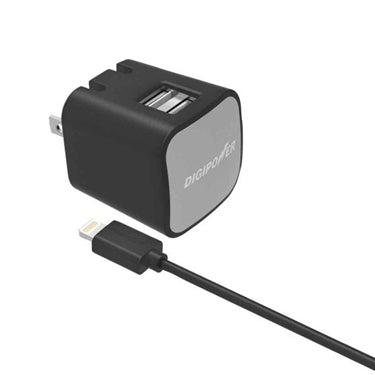 Digipower Wall Charger 2.4 Amp InstaSense 2 Port USB-A with Lightning MFI to USB-A Cable 5ft - Black