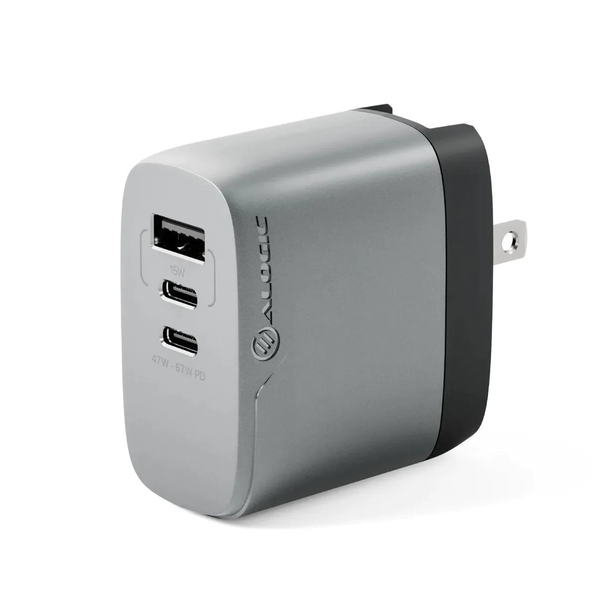 Alogic Wall Charger 3 Port 67W GaN PD 2x USB-C (47-67W + 15W)+ 1 USB-A (15W) with 3 International Plug Adapters & 6ft USB-C to USB-C 100W Cable & Travel Case - Grey - product image 2 of 5