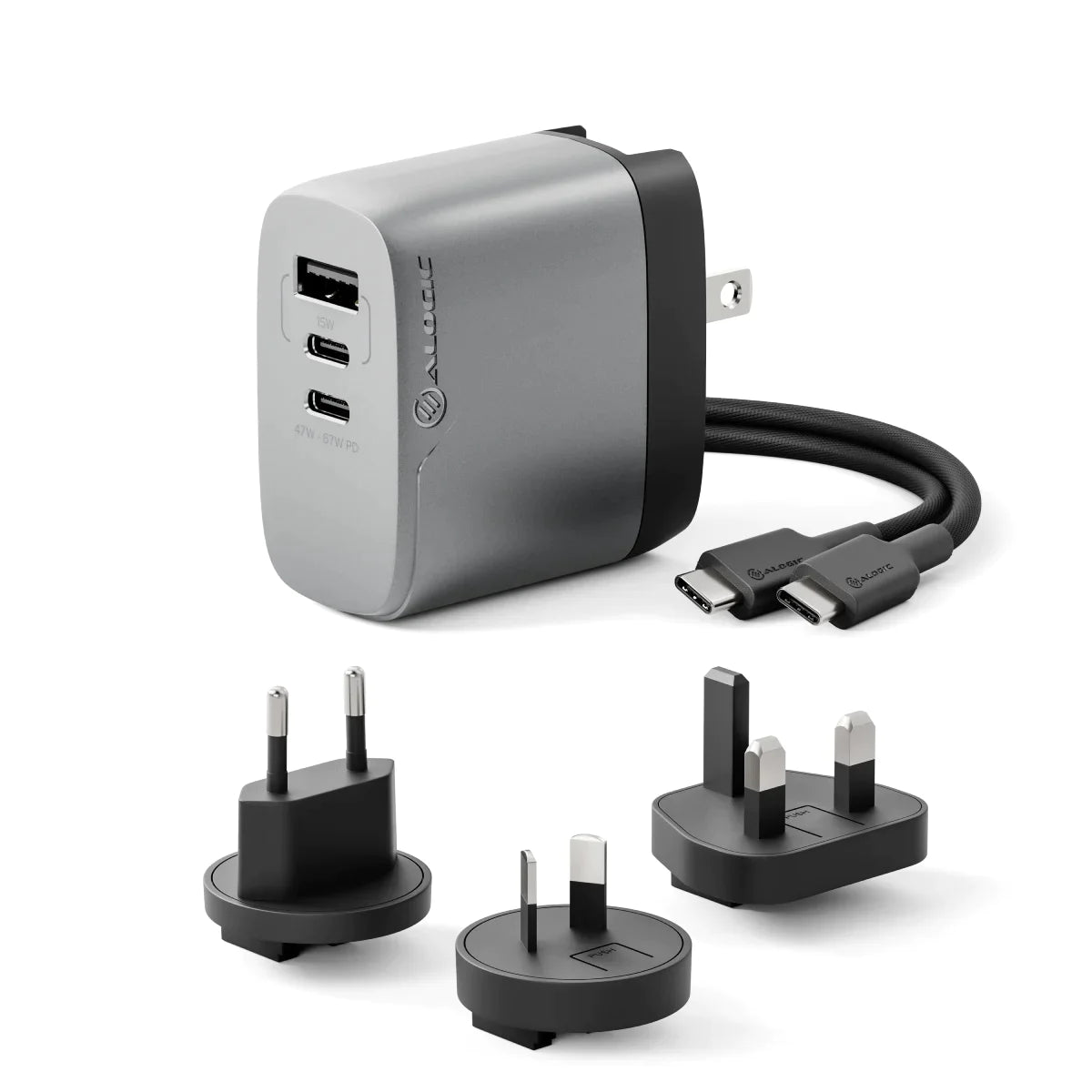 Alogic Wall Charger 3 Port 67W GaN PD 2x USB-C (47-67W + 15W)+ 1 USB-A (15W) with 3 International Plug Adapters & 6ft USB-C to USB-C 100W Cable & Travel Case - Grey - product image 1 of 5