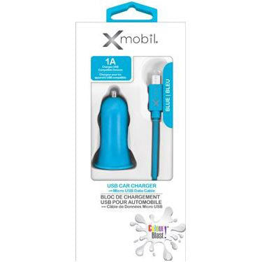 Colour Burst Car Charger 1 Amp 1 Port USB-A with Micro USB 3ft Cable - Blue